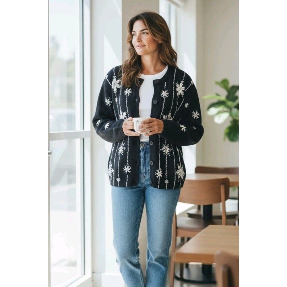 Vintage Bobbie Brooks Snowflake Beaded Cardigan Sweater Black Size L Read